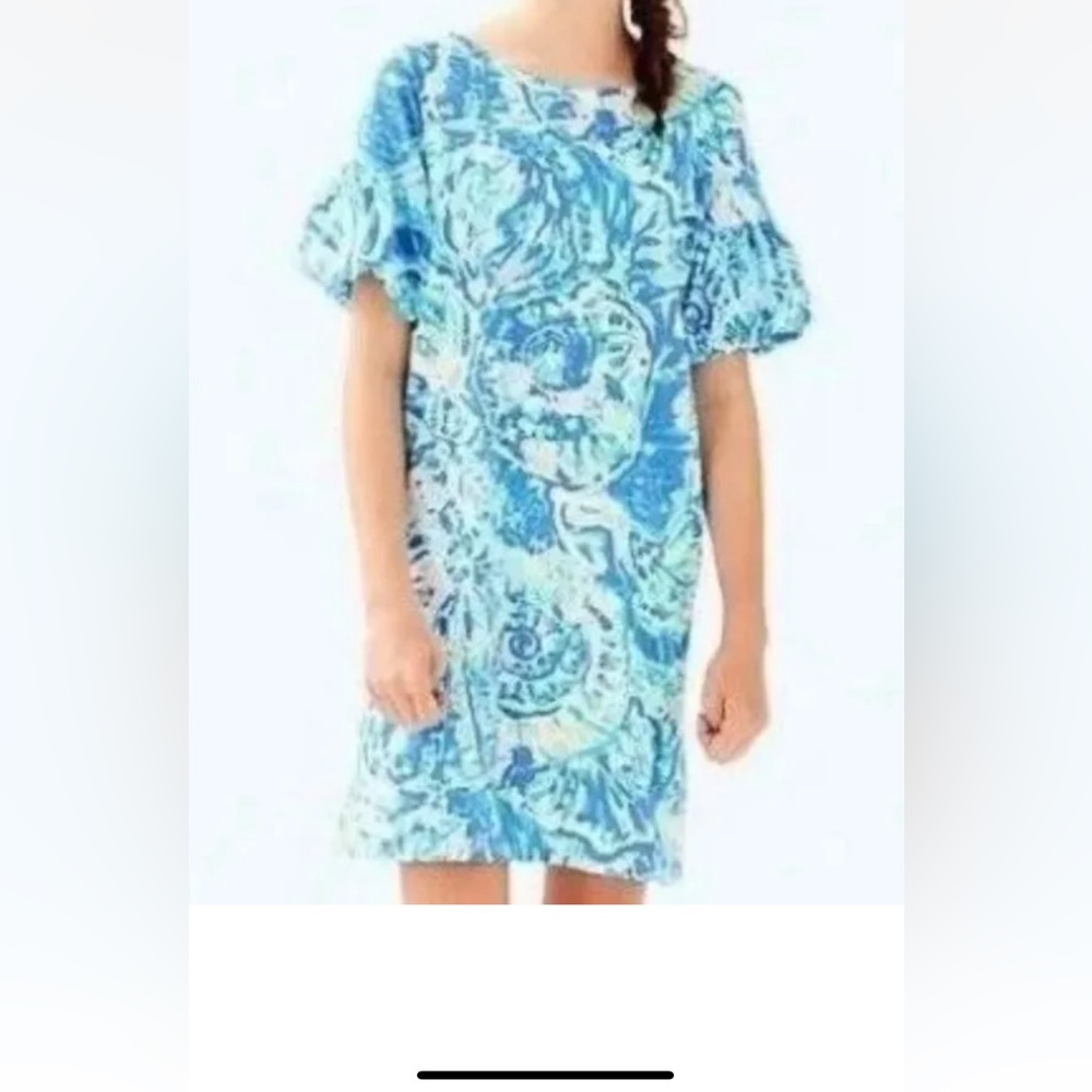 LILLY PULITZER Girls Mini Lindell Dress Bennet Blue Shell Puff Sleeve 12/14 GUC
